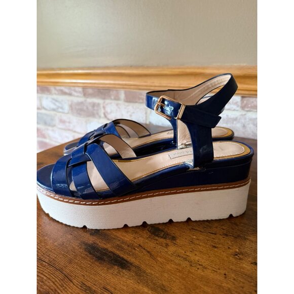 Blue Patent Leather Platform Sandals With Adjustable Strap & White Sole Size 7.5 - Picture 5 of 10